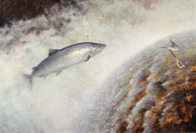 Salmon and grey wagtails. A huge painting. Collection of Mr Eric Noel Canada.
